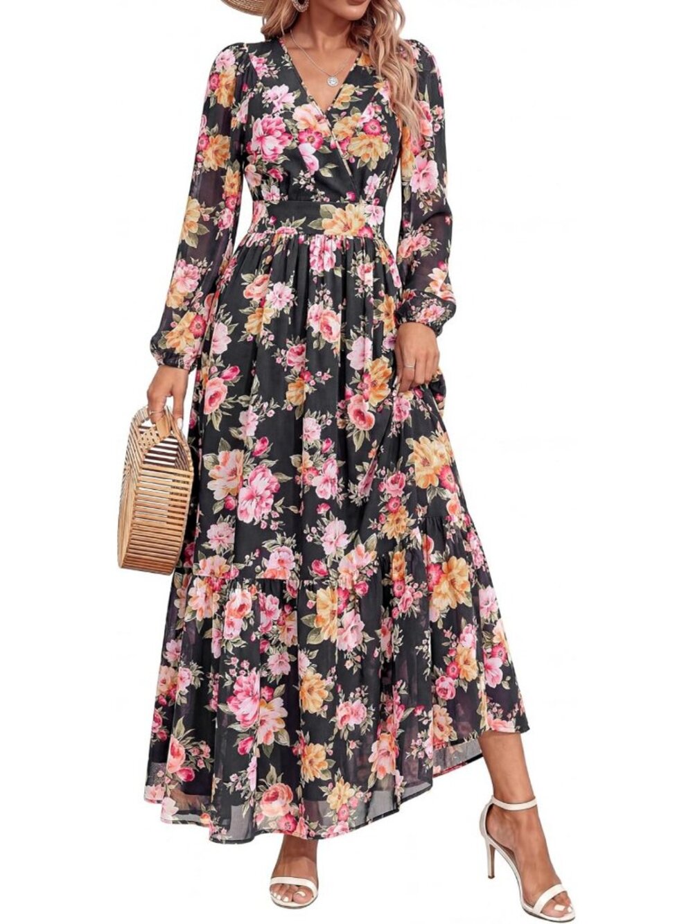 Boho Floral Maxi Dress for Women | Fall Long Sleeve Wrap V-Neck with Belt